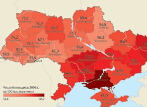 Карта заболеваемости туберкулезом в Украине